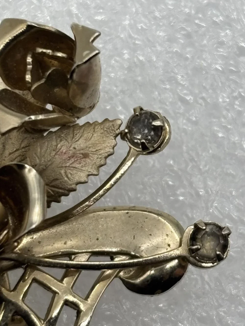 Vintage Basket of Roses Brooch Pin Polished Etched Gold Tone Rhinestone Unsigned